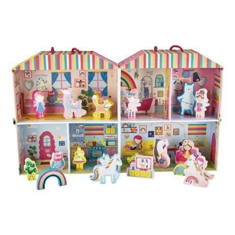 1. Rainbow Fairy Playbox open showing colorful rooms and wooden characters including unicorns and fairies