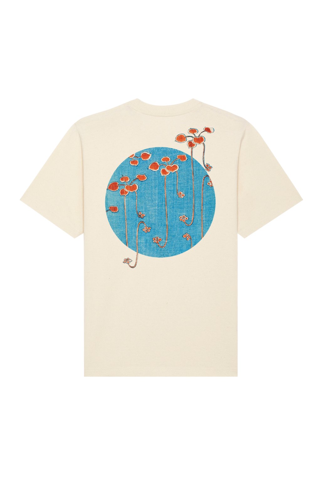 2. Studio image of Hopera's 'Bijutsu Sekai' t-shirt by Watanabe Seitei, featuring unique vine illustration on back, organic cotton