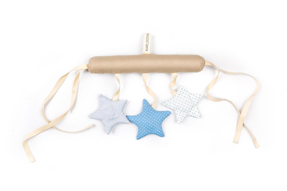 2. Blue star-shaped baby crib toy with three stars hanging from a beige tube, highlighting the eco-friendly cotton material and sensory features.