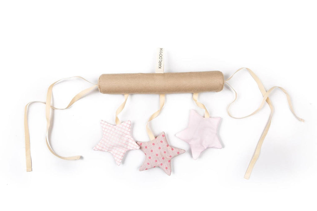 2. Pink star-shaped baby crib toy with three stars hanging from a beige tube, showcasing crinkle and ring features for sensory development.