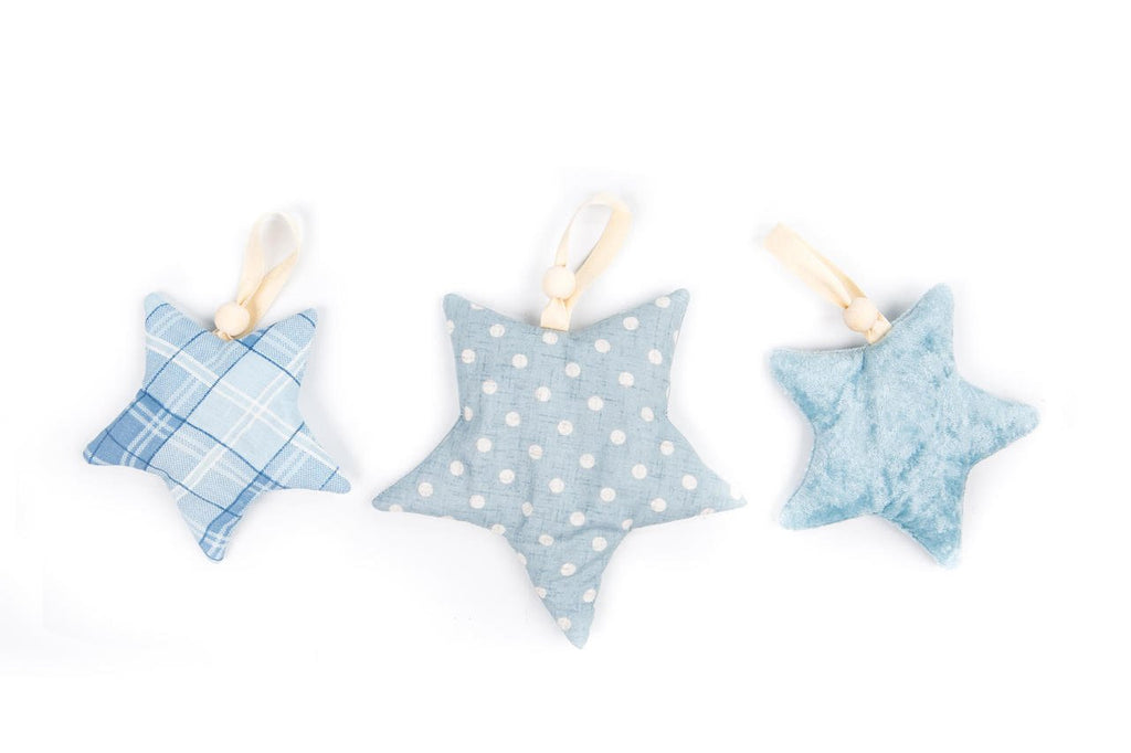 3. Set of three blue starlet toys with ribbons on white background