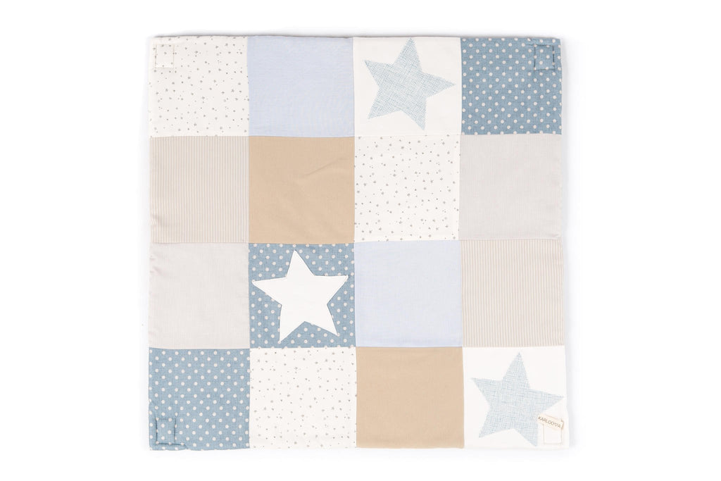 4. Flat lay of Karloova baby activity mat in blue and beige starry patchwork design