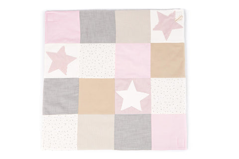 4. Flat lay of Karloova pink patchwork baby activity mat with star patterns