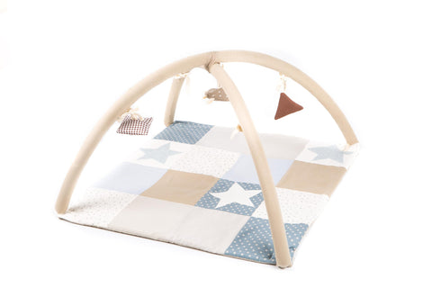 1. Karloova baby activity mat with arches and star toys in blue and beige patchwork design