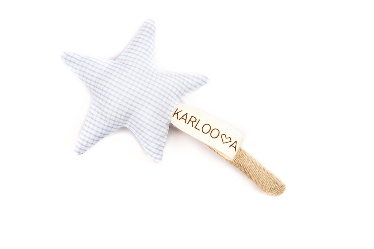 7. Blue gingham star-shaped Karloova Magic Wand with beige handle on white background