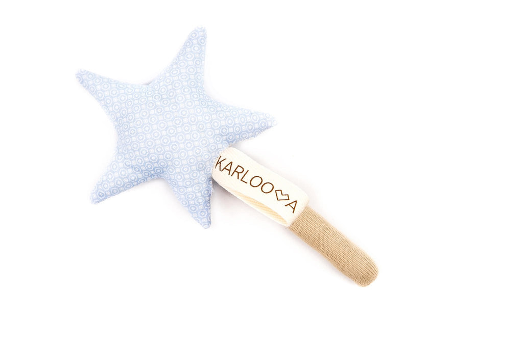 2. Blue star-shaped Karloova magic wand with polka dots and branded handle on white background