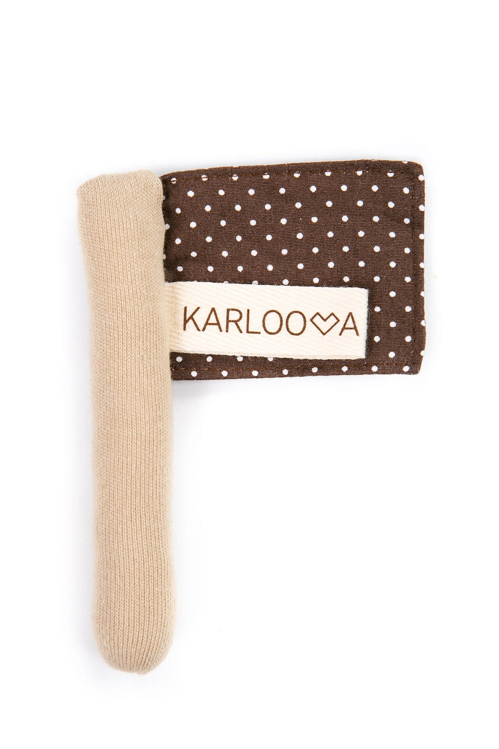2. Studio shot of Karloova textile flag toy with brown polka dots and beige pole