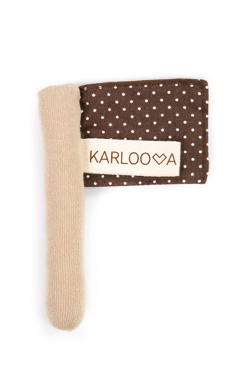 2. Studio shot of Karloova textile flag toy with brown polka dots and beige pole