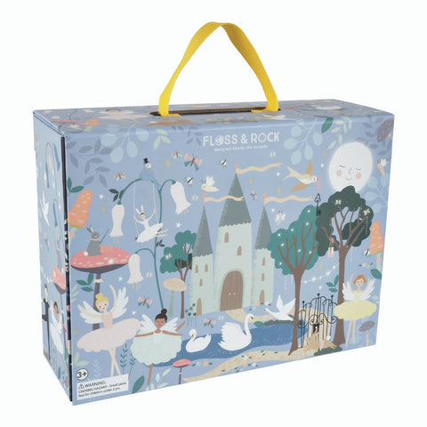 2. Back view of Floss & Rock enchanted playbox with castle and forest illustrations, featuring a yellow carry handle