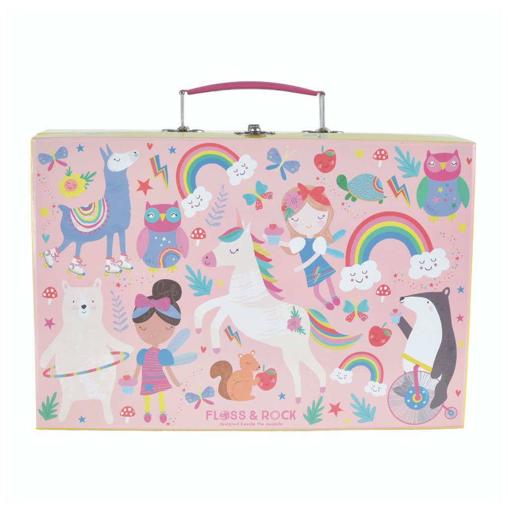 2. Front view of Floss & Rock Rainbow Fairy suitcase featuring colorful illustrations of fairies, rainbows, and animals on a pink background