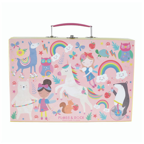 2. Front view of Floss & Rock Rainbow Fairy tea set case with colorful fairy and animal illustrations, pink handle