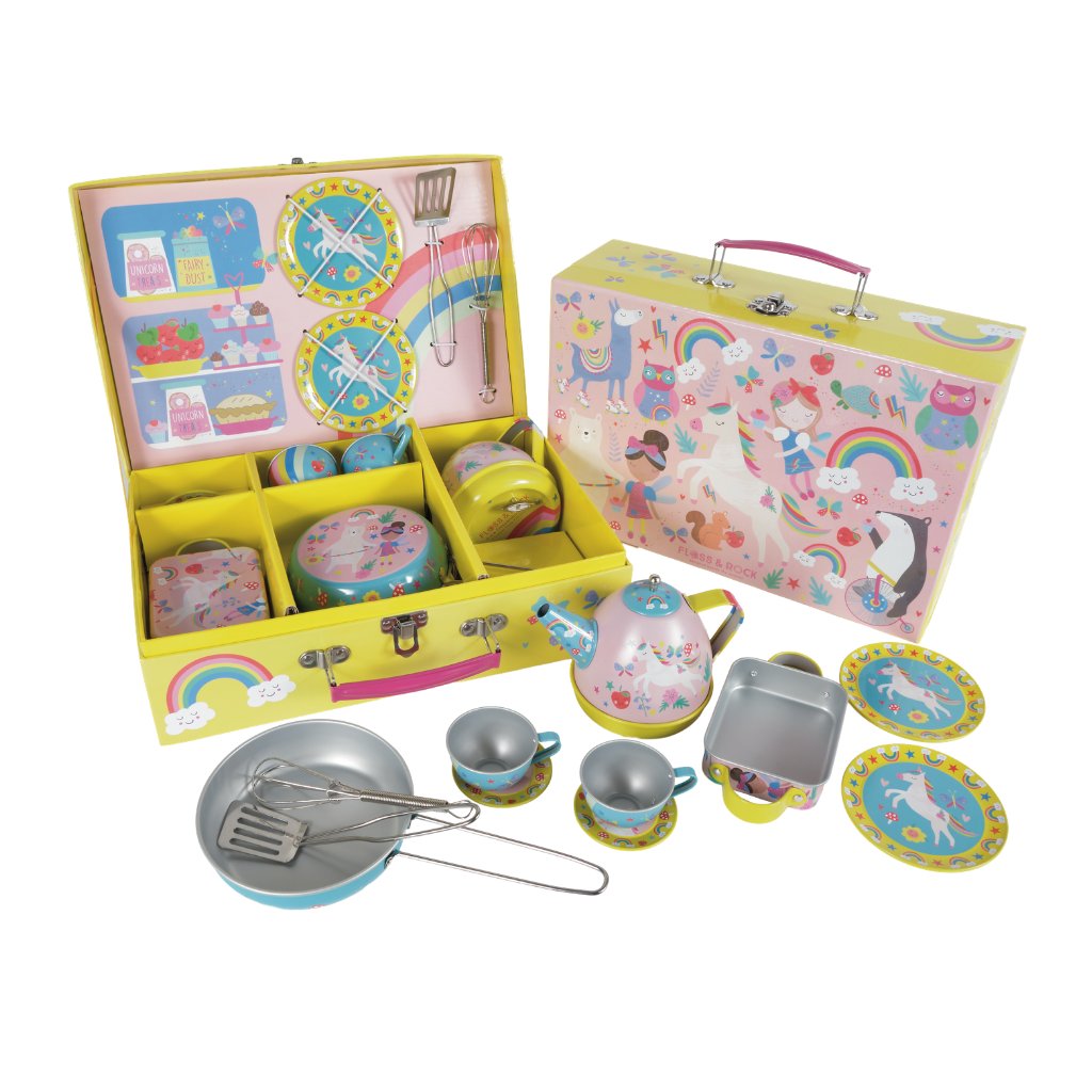 1. Floss & Rock Rainbow Fairy tea and cooking set with colorful illustrations, including teapot, cups, saucers, plates, baking dish, frying pan, whisk, and spatula in a yellow case
