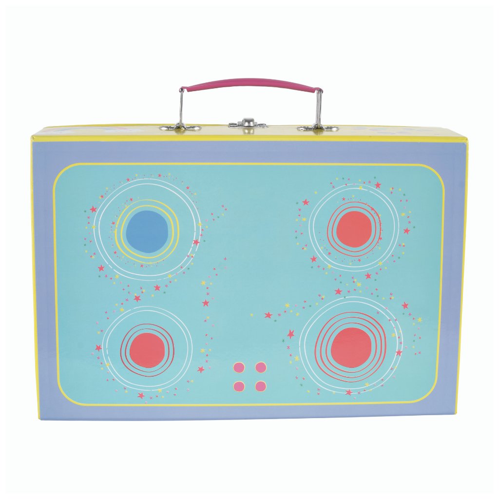 3. Back view of Floss & Rock Rainbow Fairy tea set case with blue and pink stove design and pink handle