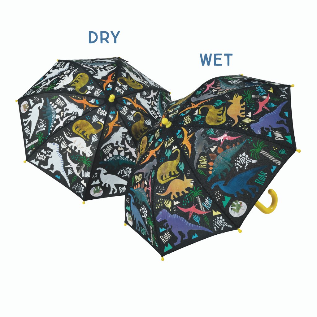 1. Children's transparent color-changing 3D umbrella with dinosaur motifs, shown in dry and wet states, featuring colorful designs when wet and white when dry, with yellow handle and Velcro fastener.