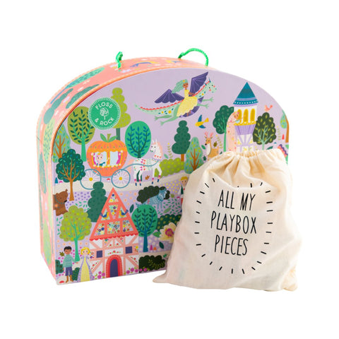 2. Fairy Tale Playbox with illustrated design and drawstring bag labeled 'All My Playbox Pieces'