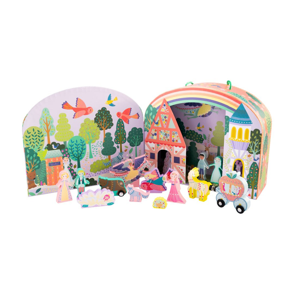 1. Fairy Tale Playbox open with colorful wooden pieces including princes, princesses, and animals in a vibrant illustrated setting