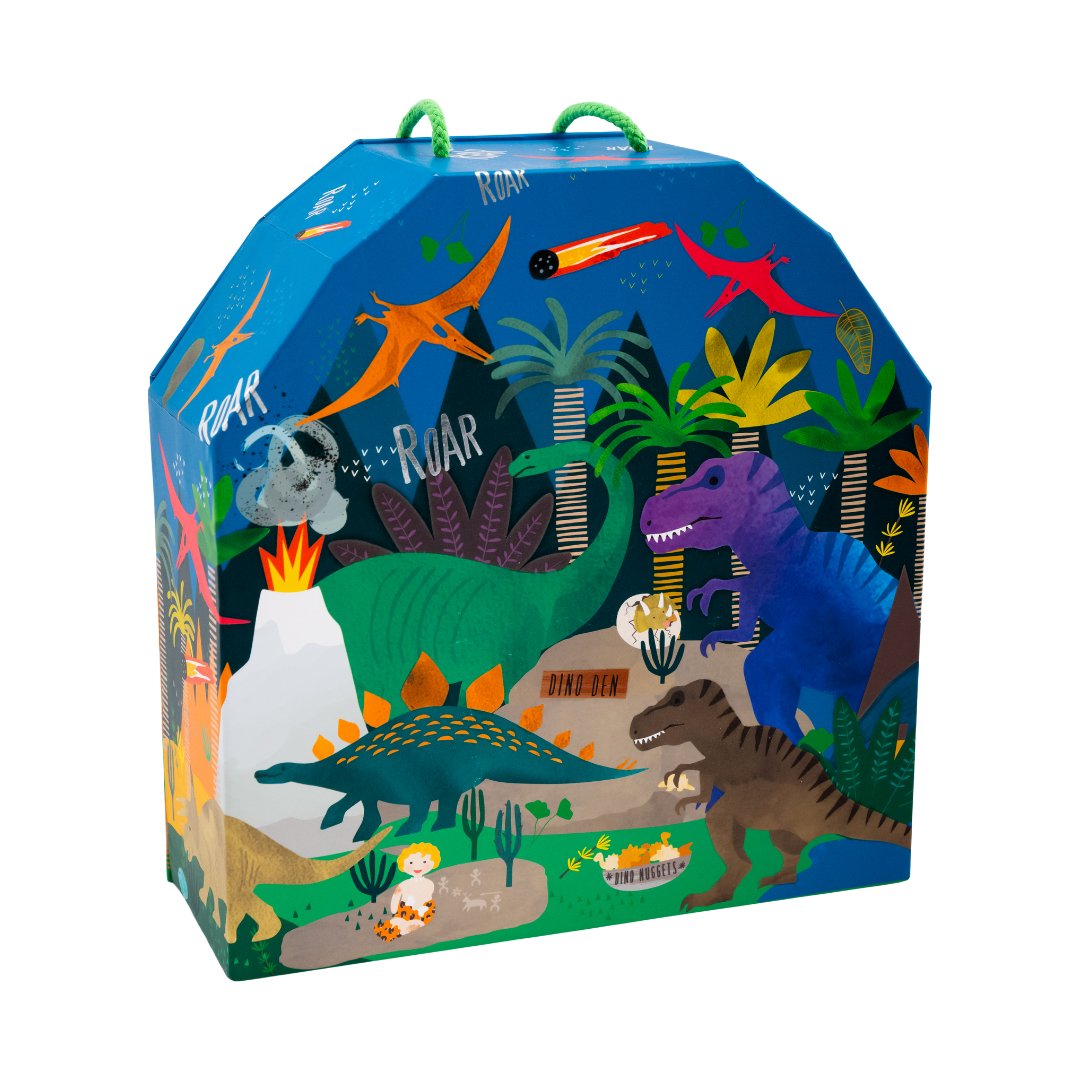 4. Back view of dinosaur play box with detailed illustrations of dinosaurs and jungle setting