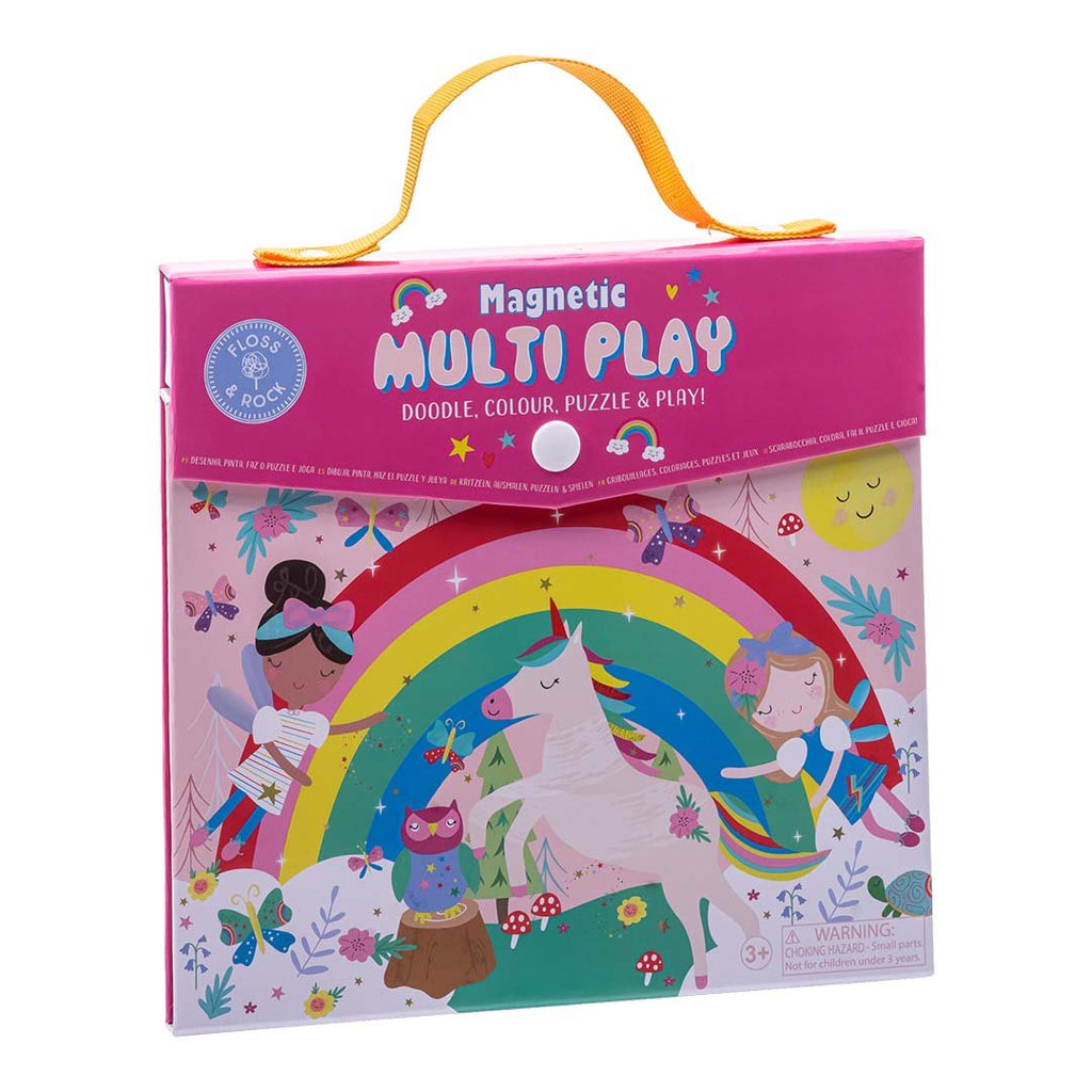 1. Front view of Floss & Rock Magnetic Multi Play Scene with rainbow fairy theme, featuring colorful illustrations of ballerinas and unicorns on a pink carry case with yellow handle