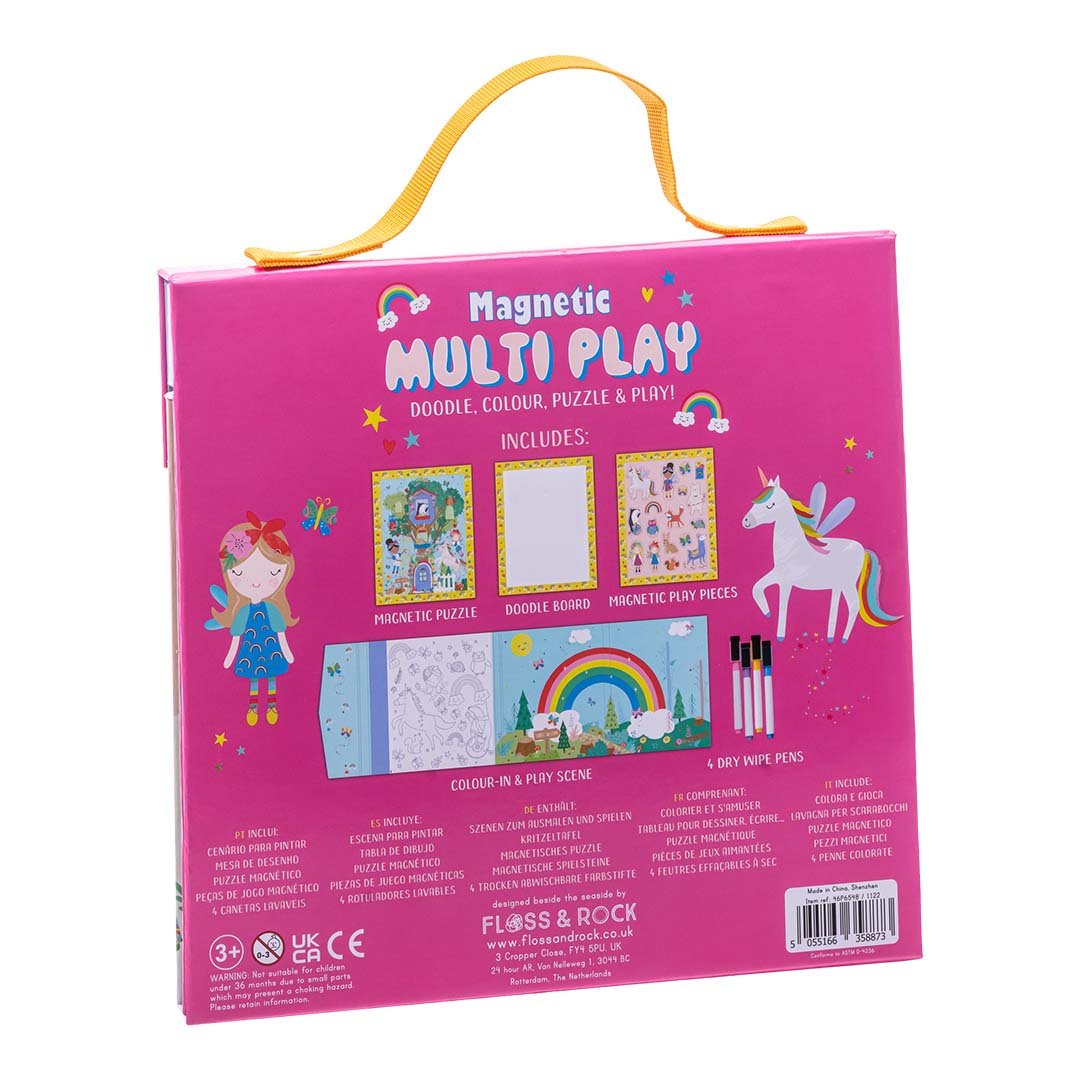2. Back view of Floss & Rock Magnetic Multi Play Scene showing included activities like magnetic puzzle, doodle board, and play pieces on a pink carry case with yellow handle