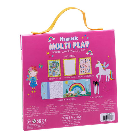 2. Back view of Floss & Rock Magnetic Multi Play Scene showing included activities like magnetic puzzle, doodle board, and play pieces on a pink carry case with yellow handle