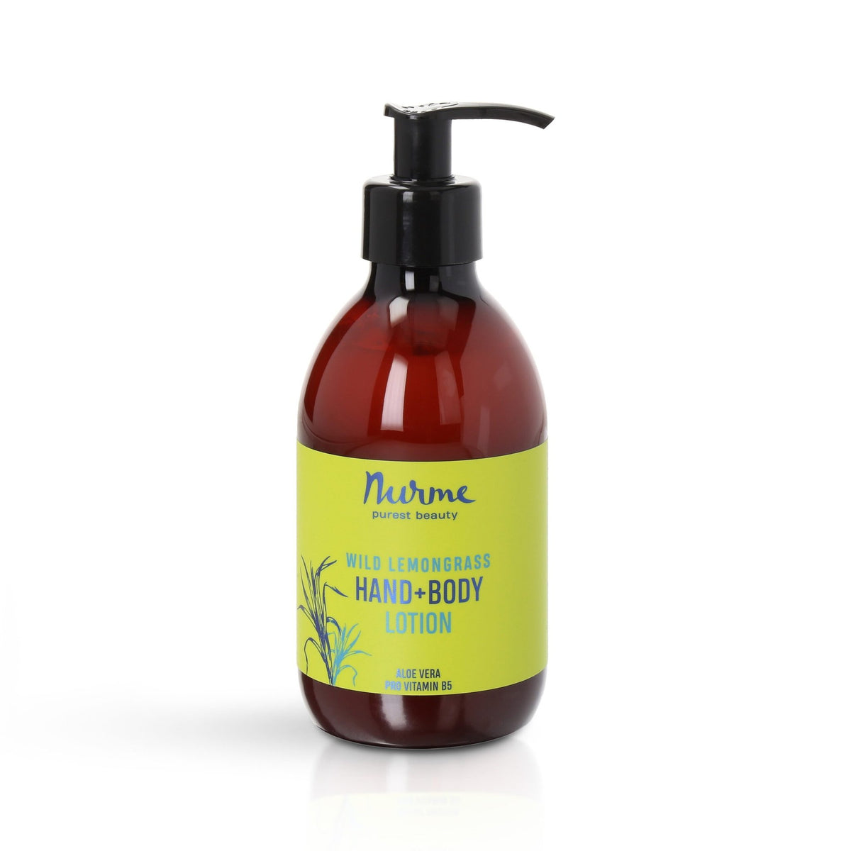 7. Studio shot of Nurme Wild Lemongrass Hand and Body Lotion bottle with label details