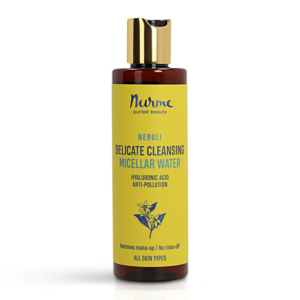 3. Studio shot of Nurme Gentle Cleansing Neroli Micellar Water bottle with yellow label