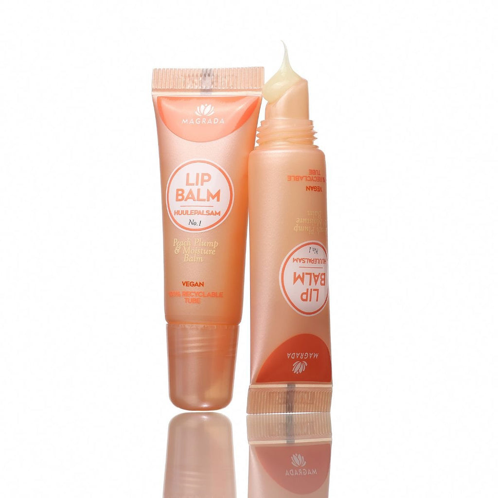2. Magrada Organic Cosmetics Tinted Lip Balm Peach in recyclable tube, shown in studio setting