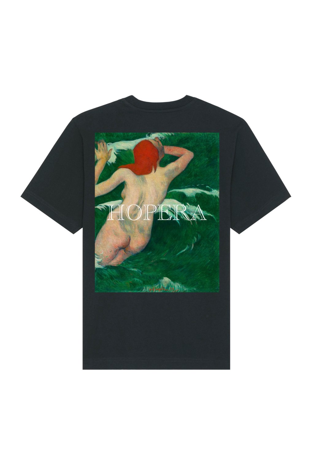 8. Black Hopera T-shirt featuring Paul Gauguin's 'Dans les Vagues' painting on the back, studio shot