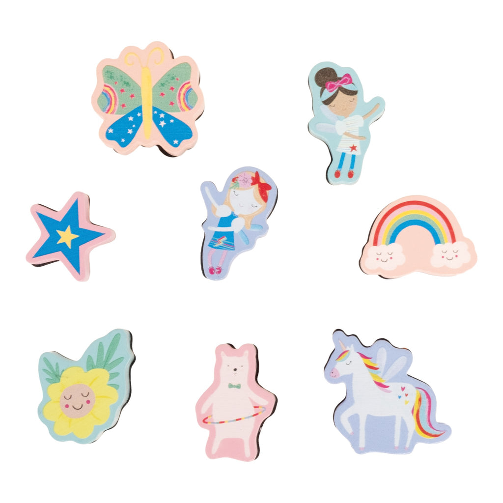 3. Set of eight colorful wooden stampers featuring fairy, unicorn, rainbow, and butterfly designs