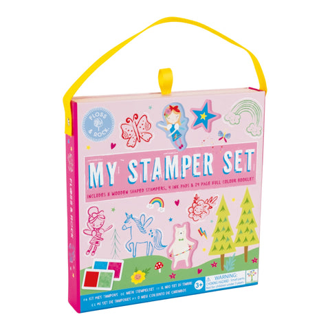 1. Floss & Rock My Stamper Set Rainbow Fairy packaging with colorful illustrations of fairy, unicorn, and rainbow on pink background