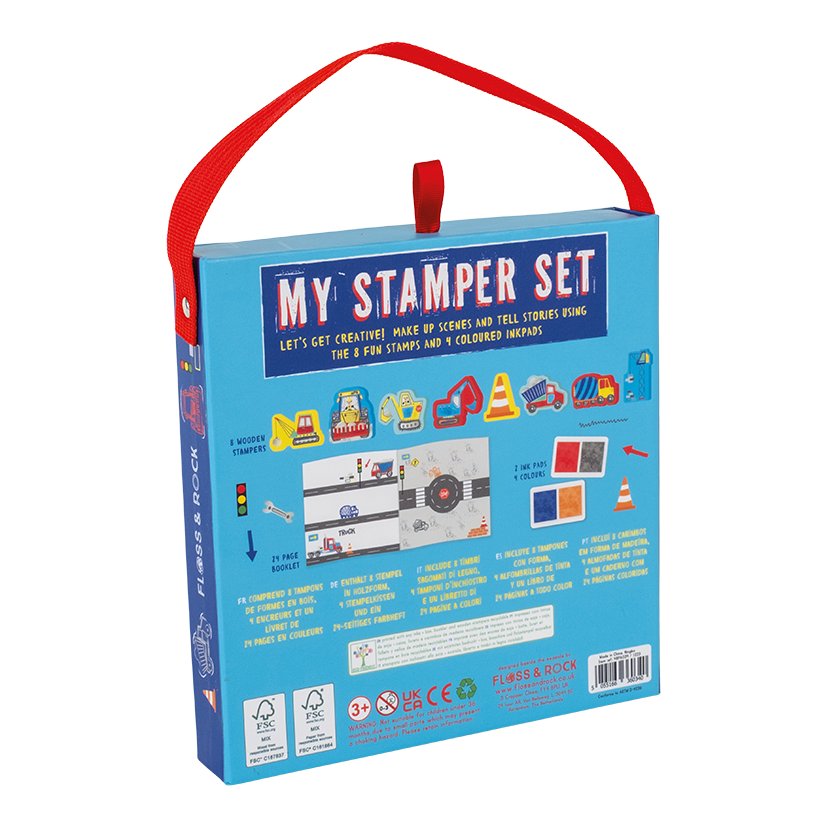 2. Back of My Stampler Set box showing contents and construction theme by Floss & Rock