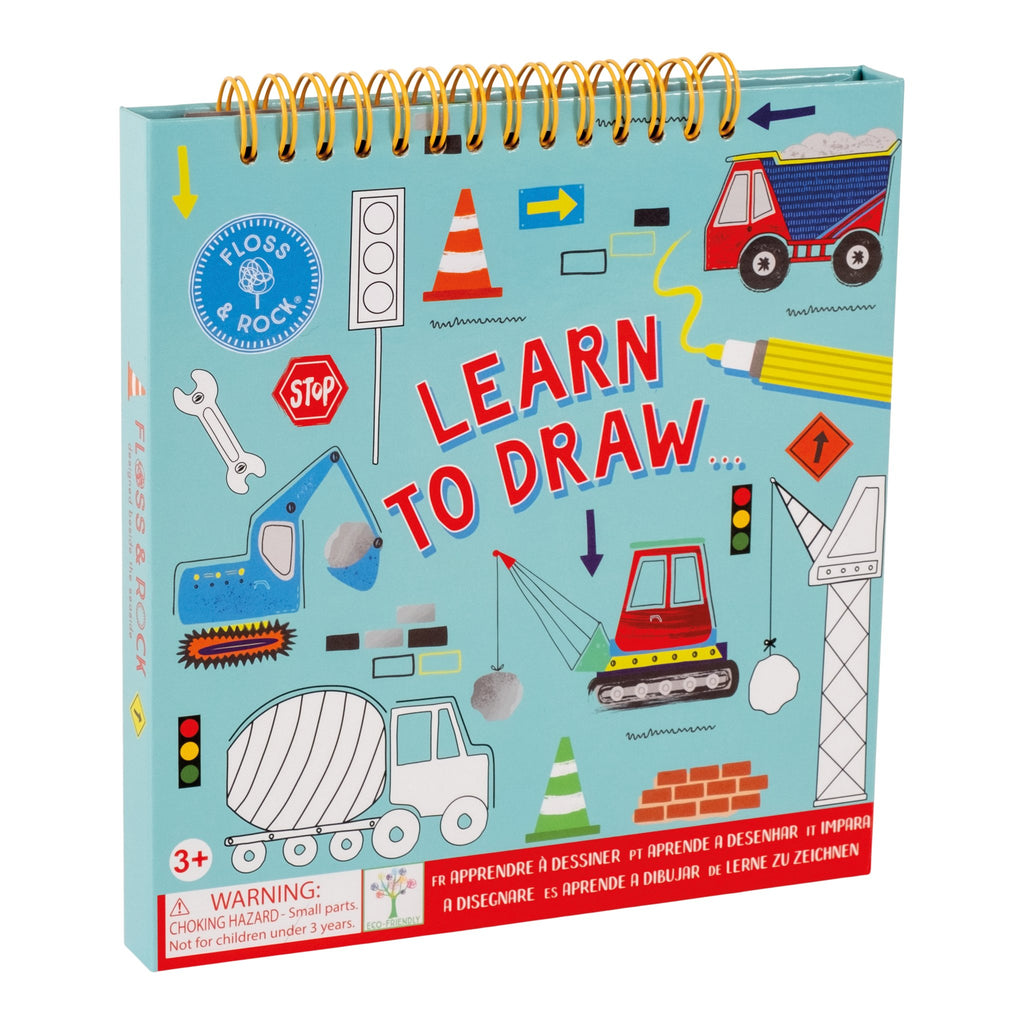 2. Floss & Rock Learn to Draw book with construction theme cover, featuring colorful vehicles and tools on a blue background