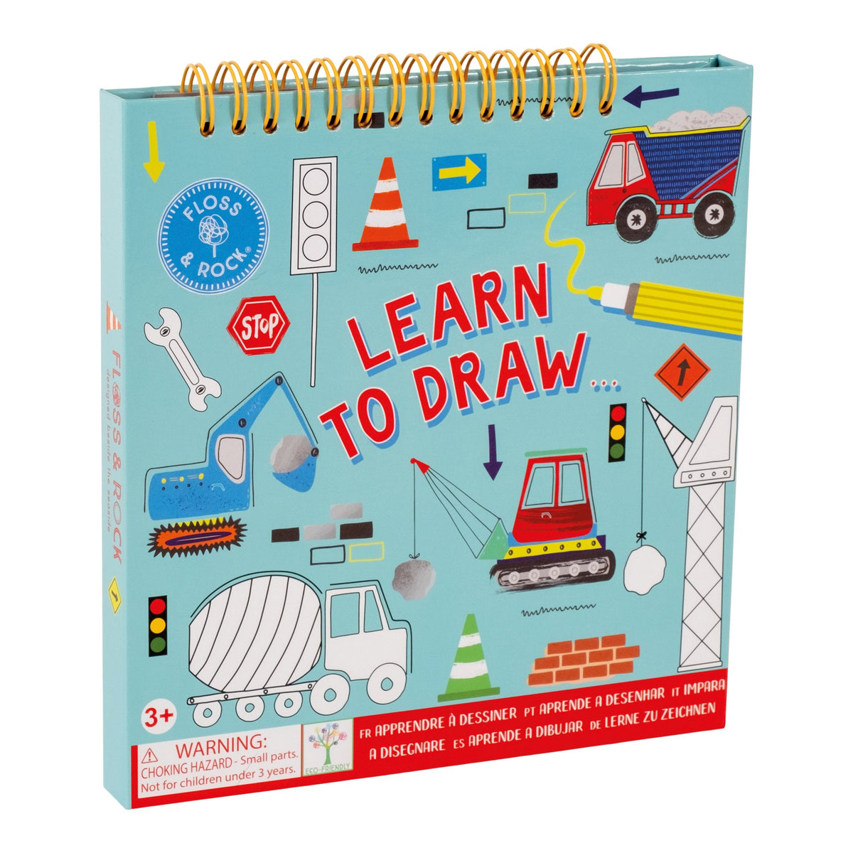 2. Floss & Rock Learn to Draw book with construction theme cover, featuring colorful vehicles and tools on a blue background