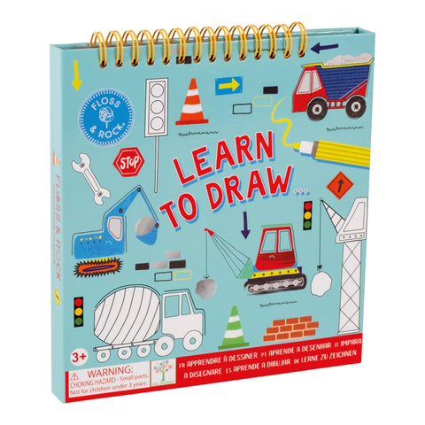 2. Floss & Rock Learn to Draw book with construction theme cover, featuring colorful vehicles and tools on a blue background