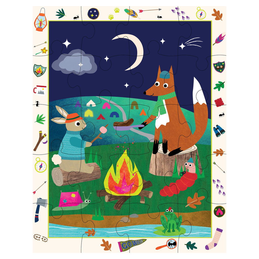 3. Close-up of completed puzzle from Magnetic Multi Play Set featuring fox and rabbit by campfire under moonlight