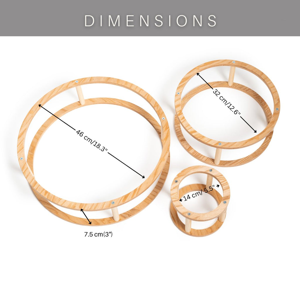 8. Size chart for wooden rings showing dimensions in centimeters and inches for three different sizes