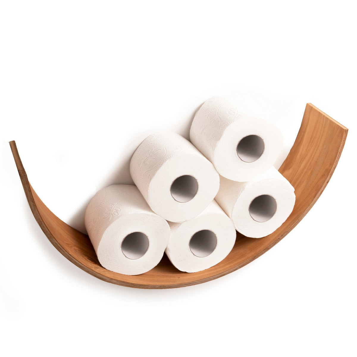 2. Studio shot of wooden toilet paper holder in smile shape holding five rolls, made from Baltic birch plywood