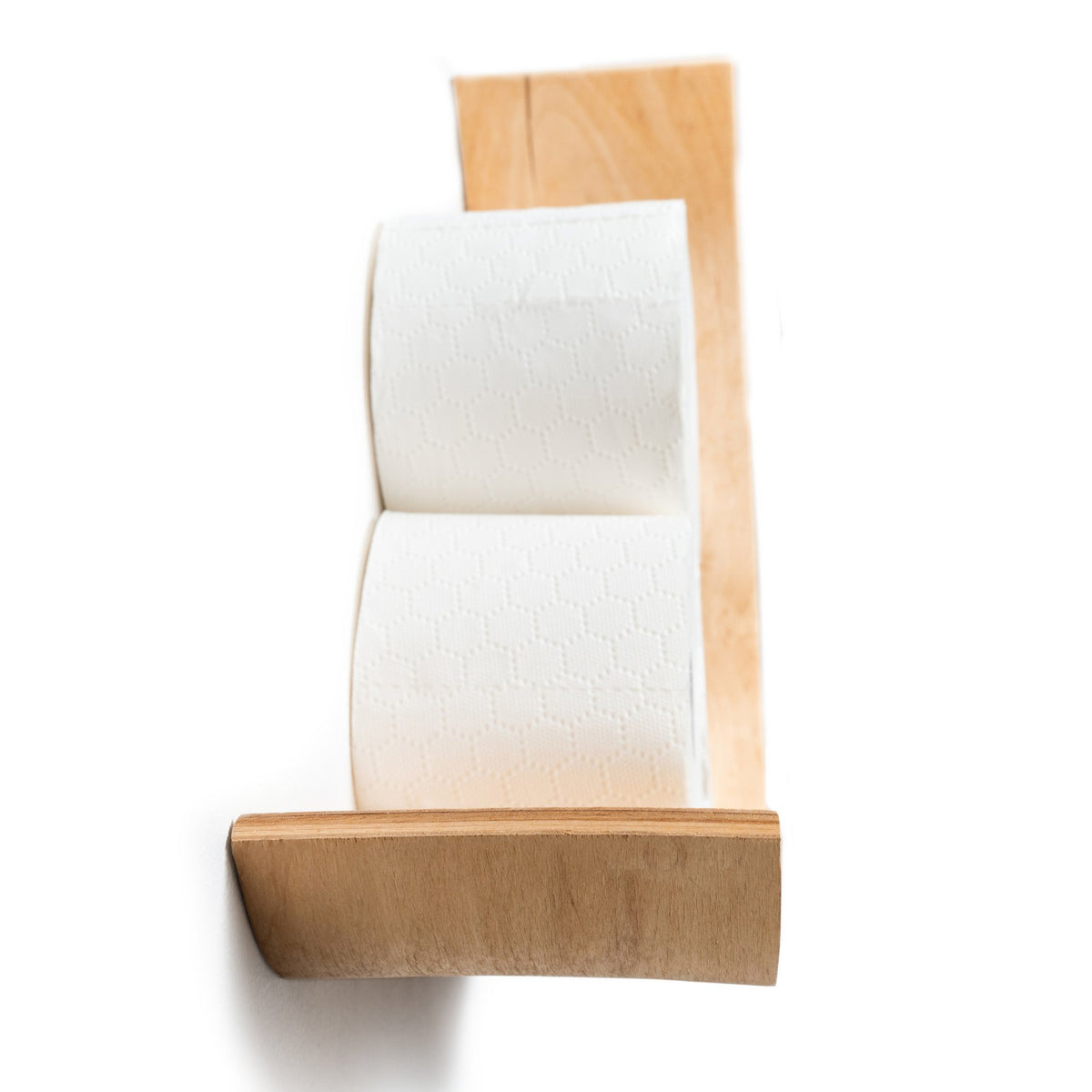 3. Side view of wooden toilet paper holder with two rolls on white background