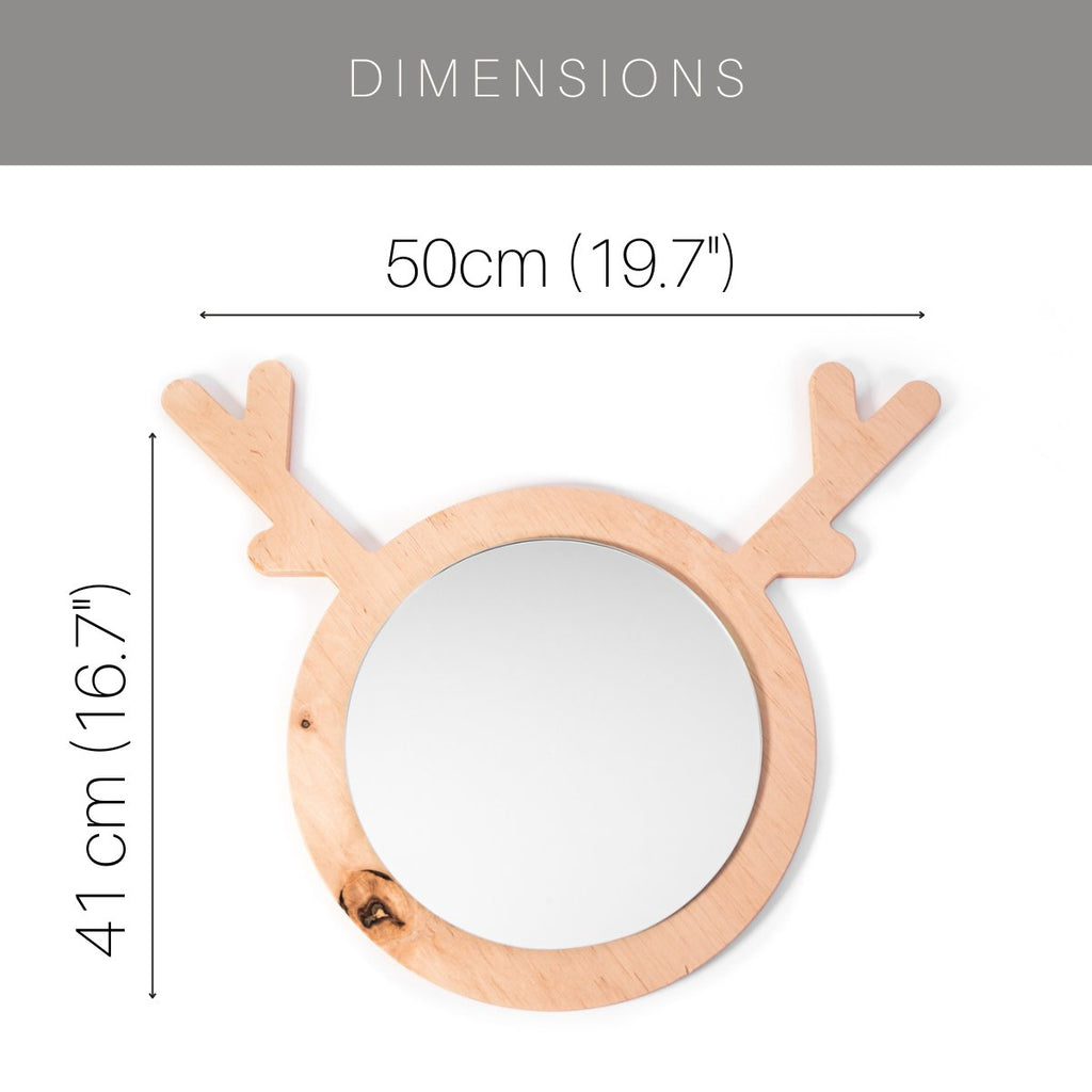 5. Size chart for deer-shaped children's wall mirror showing dimensions in centimeters and inches