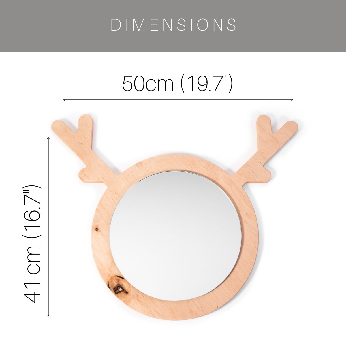 5. Size chart for deer-shaped children's wall mirror showing dimensions in centimeters and inches