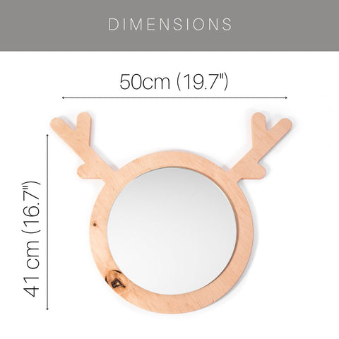 5. Size chart for deer-shaped children's wall mirror showing dimensions in centimeters and inches