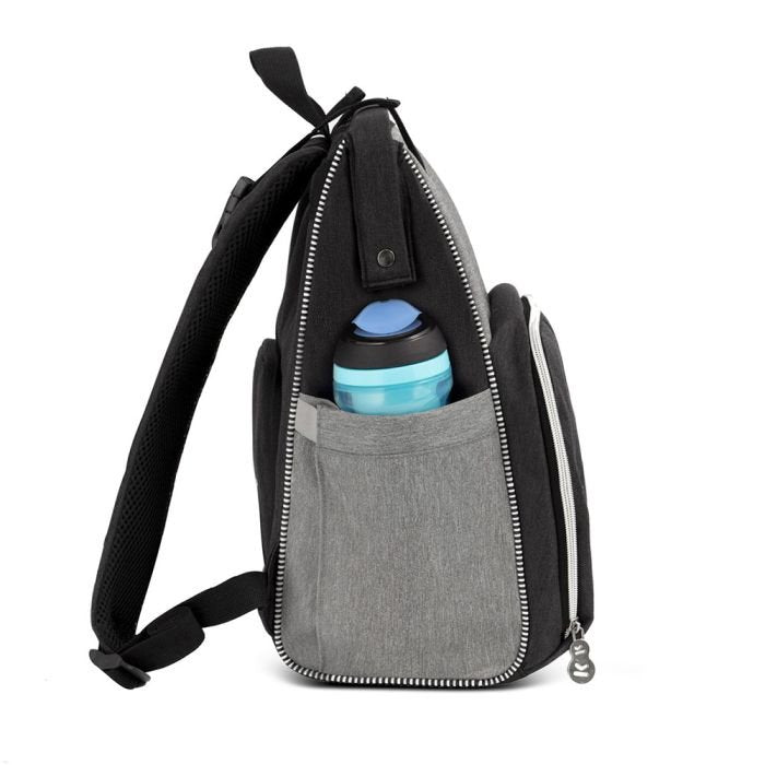 3. Side view of Kinderkraft Molly diaper backpack with bottle in side pocket and zippered closure