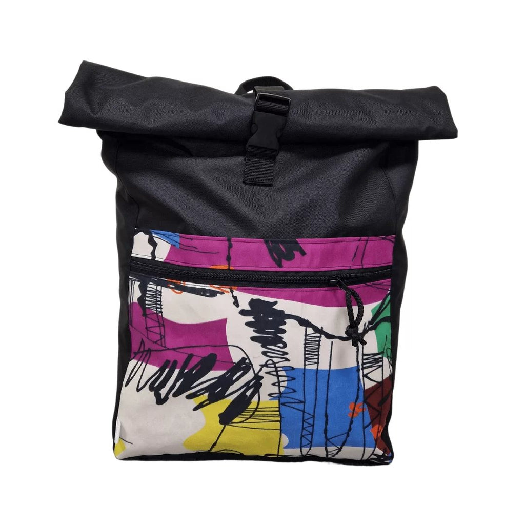 1. Drinbags PAINT waterproof backpack in black with colorful front pocket, roll-top design, and buckle closure, studio shot