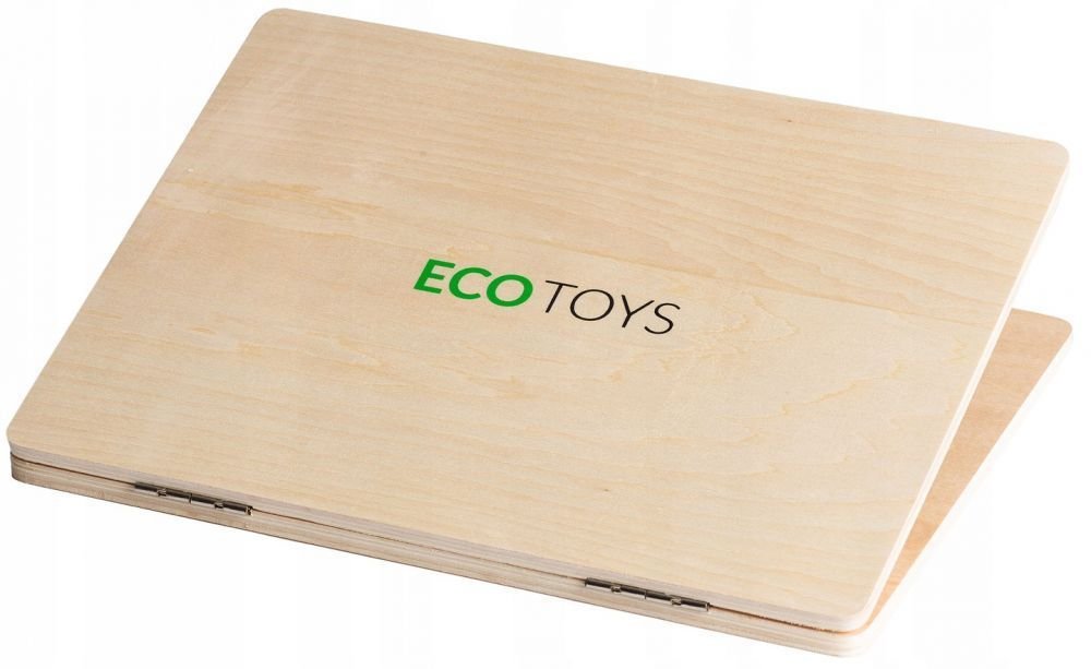 6. Closed Ecotoys wooden laptop with brand logo on the lid, shown on a white background