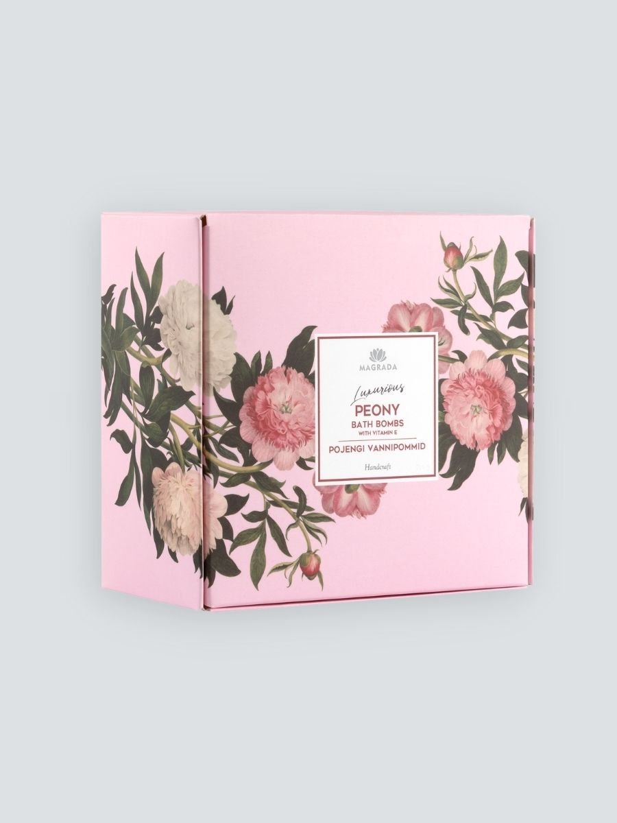 2. Magrada Organic Cosmetics Peony Bath Bomb set in pink floral box, shown in studio setting