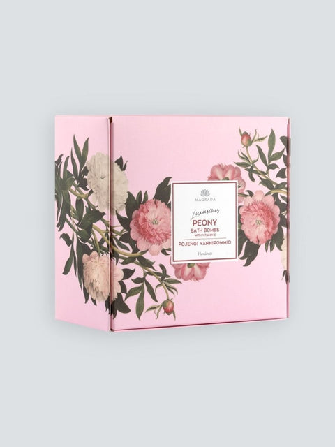 2. Magrada Organic Cosmetics Peony Bath Bomb set in pink floral box, shown in studio setting