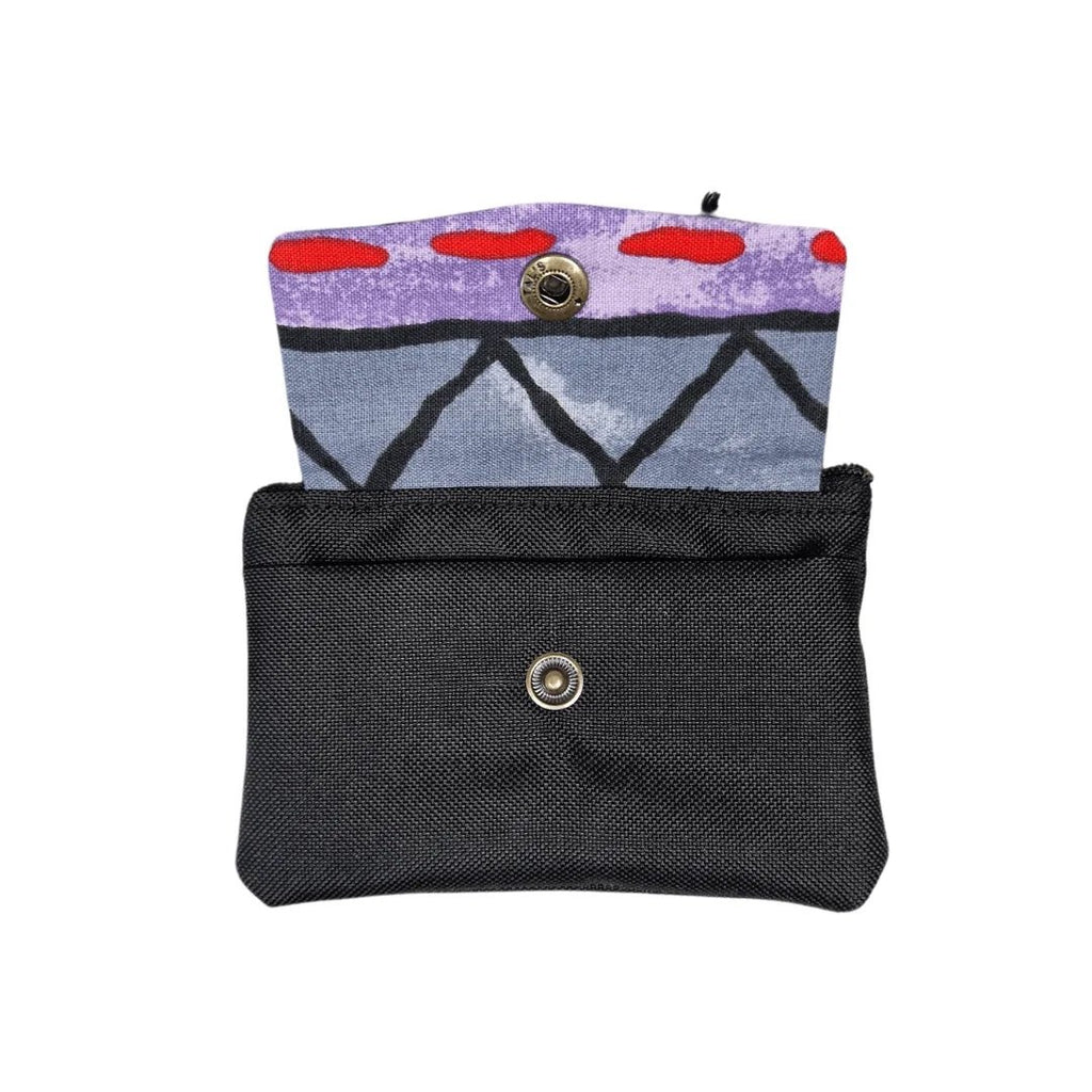 2. Open view of Drinbags ZIG ZAG wallet showing card section with metal press button and cash section with zipper, crafted from reused fabric