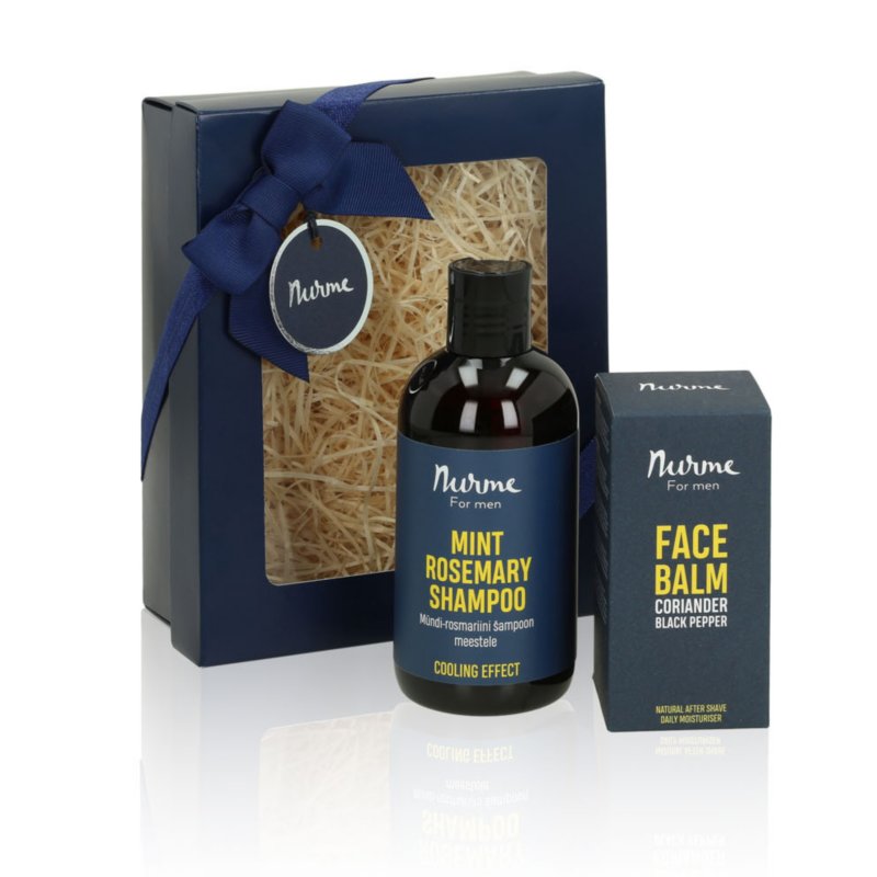 2. Nurme Natural Men's Gift Set 'Rugged' with mint rosemary shampoo and face balm, presented in gift box with blue ribbon