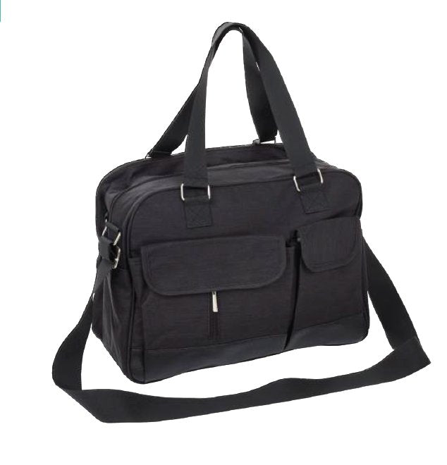 1. Black Fillikid diaper bag with multiple pockets and wide shoulder strap, shown in studio setting