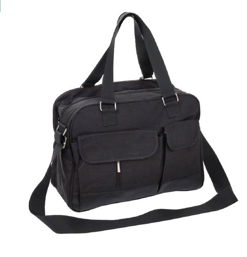 1. Black Fillikid diaper bag with multiple pockets and wide shoulder strap, shown in studio setting